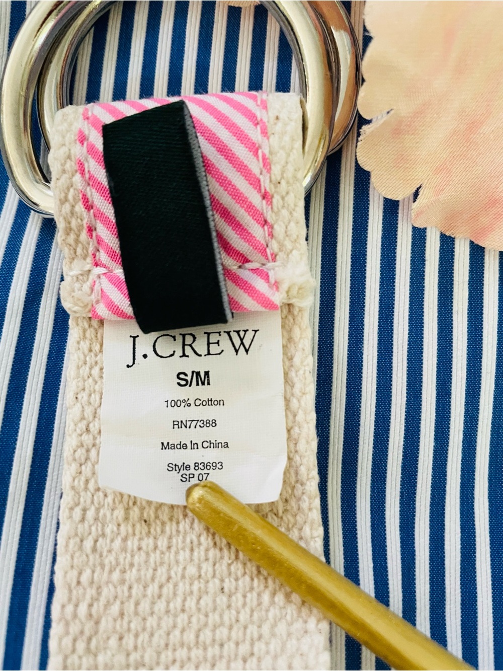 J. Crew Pink Striped Belt with Green Embroidered Hippo and Silver Rings - Picture 4 of 14